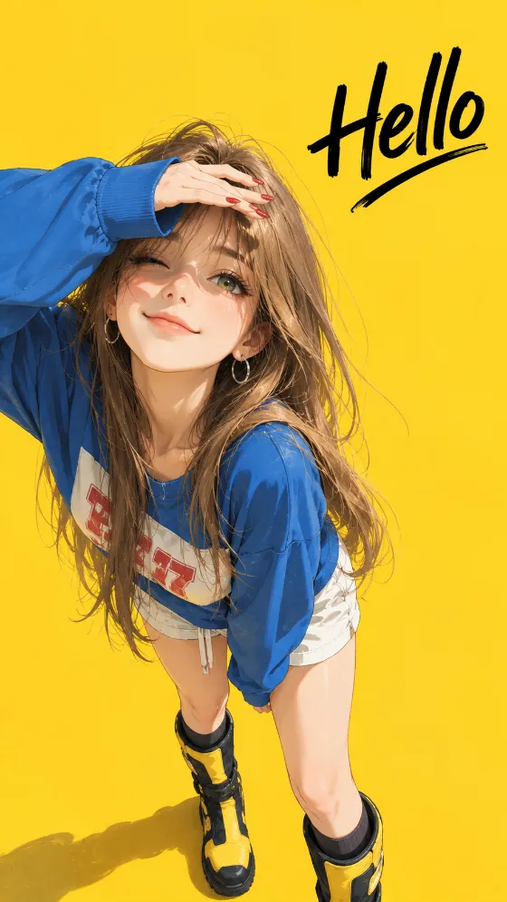 Anime-inspired woman in blue streetwear posing against a yellow background with Hello lettering.