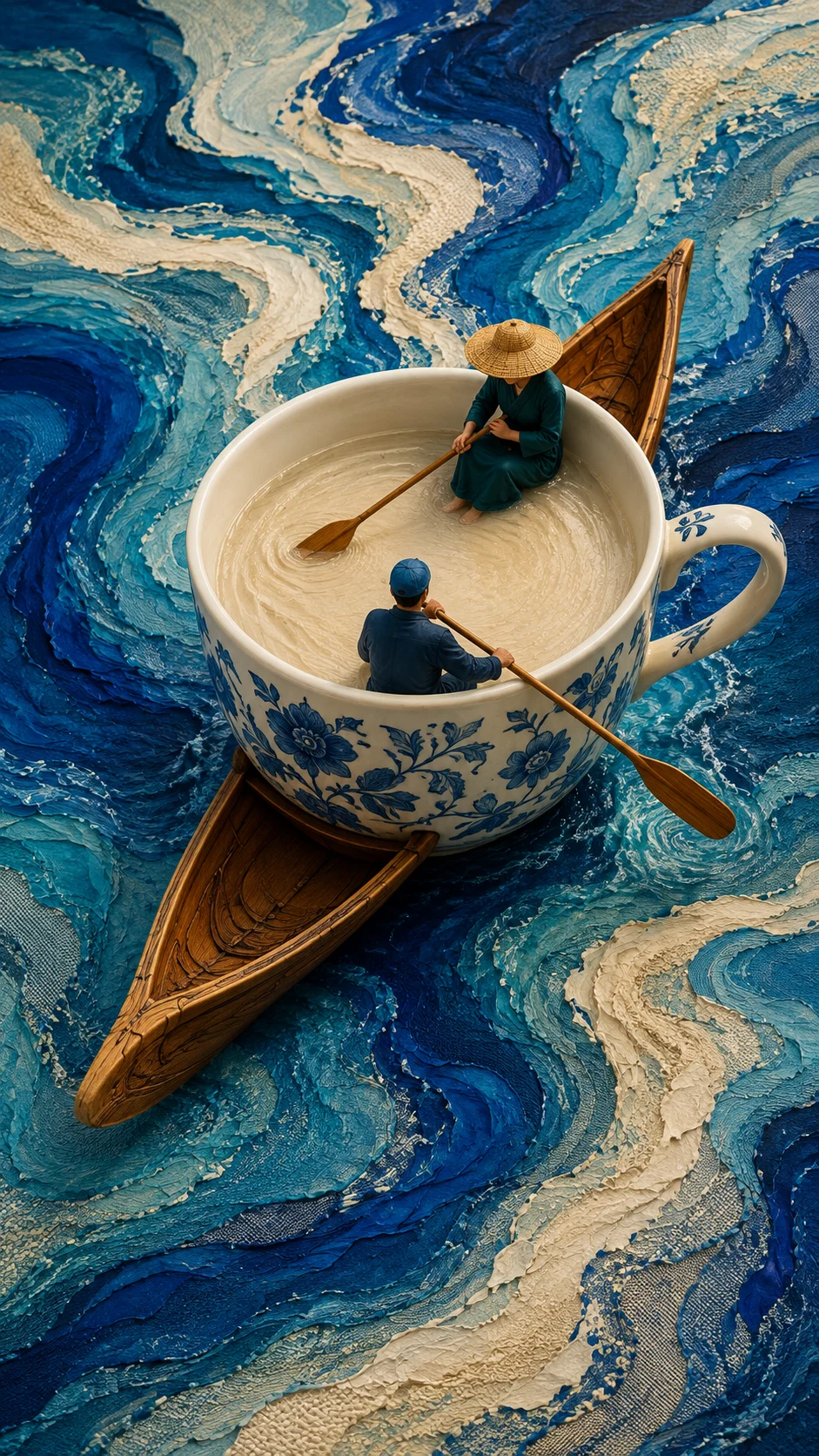 Two miniature travelers paddle a blue-and-white porcelain teacup boat across abstract blue water.