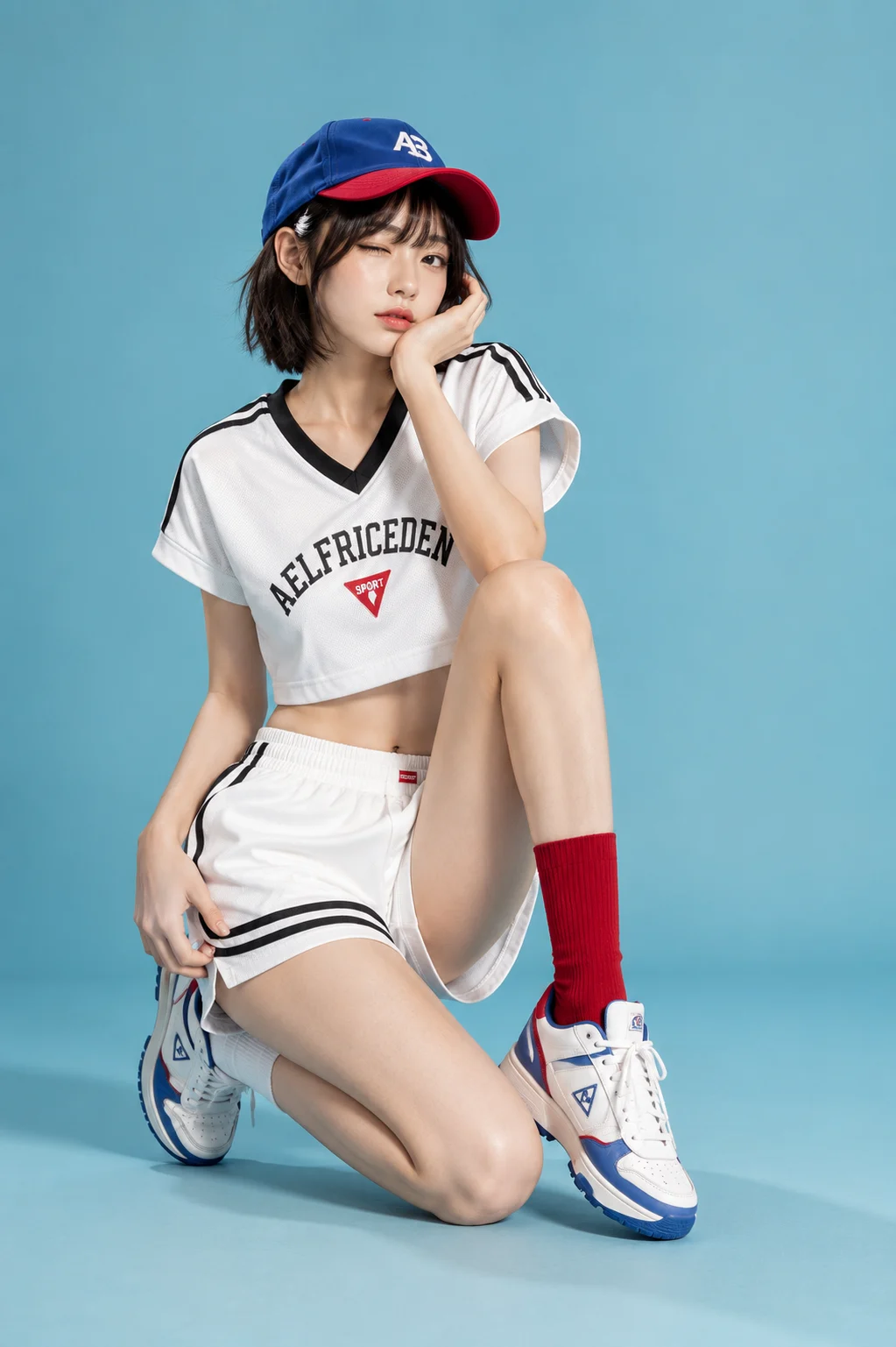 Fashion subject in a white athletic outfit and red-blue cap kneeling while holding a coordinated sneaker against an aqua studio background.