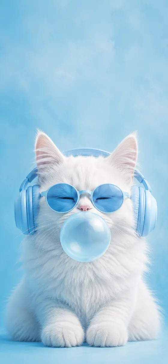 Fluffy white cat wearing pastel-blue headphones and sunglasses while blowing a translucent blue bubble on a soft powder-blue background.
