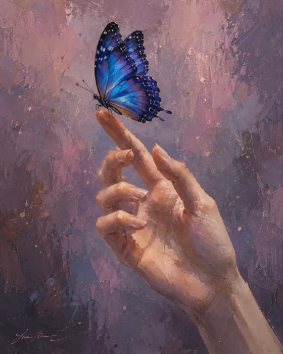 Blue Butterfly On Fingertip Wallpaper for phone wallpaper