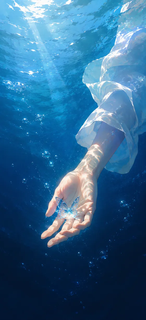 Open hand beneath deep blue water with a flowing white sleeve, soft bubbles, and a small translucent blue light form.