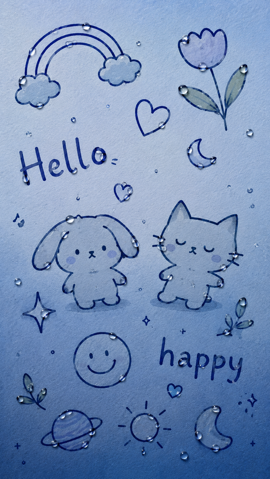 Cute blue doodle phone wallpaper with Hello and happy lettering, cartoon characters, rainbow, flowers, and glossy water droplets.