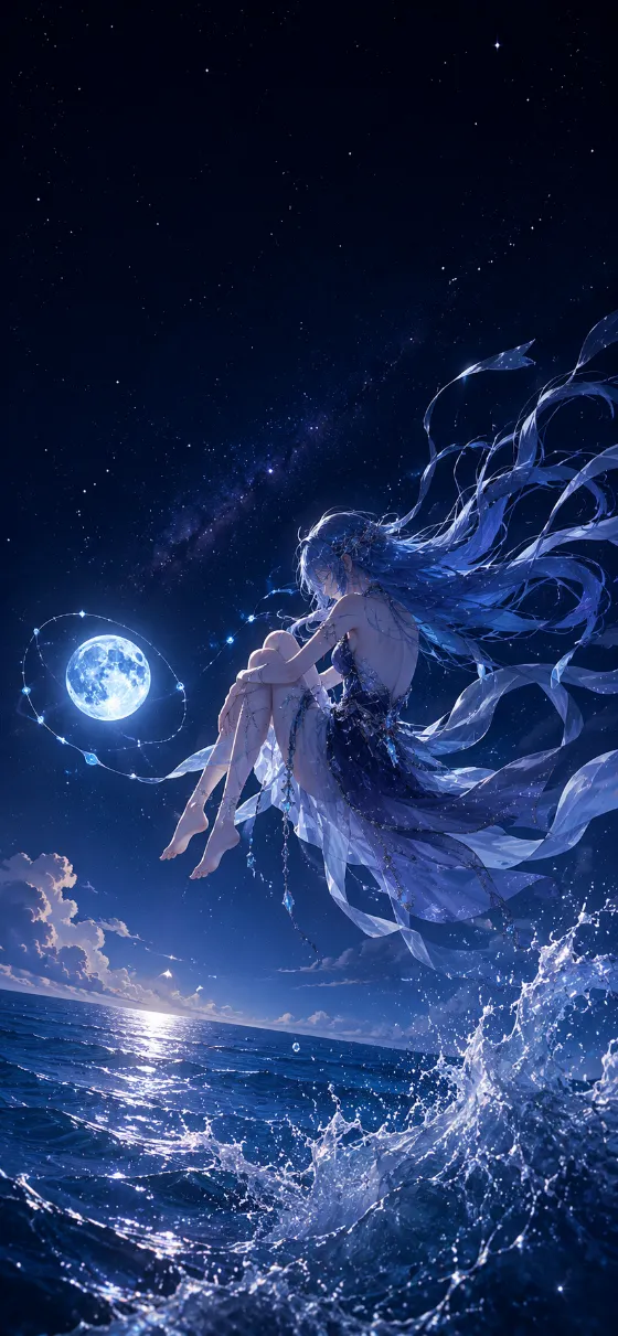 Original blue-haired fantasy figure floating above a moonlit ocean with flowing ribbons, a glowing orb, stars, and white sea spray.