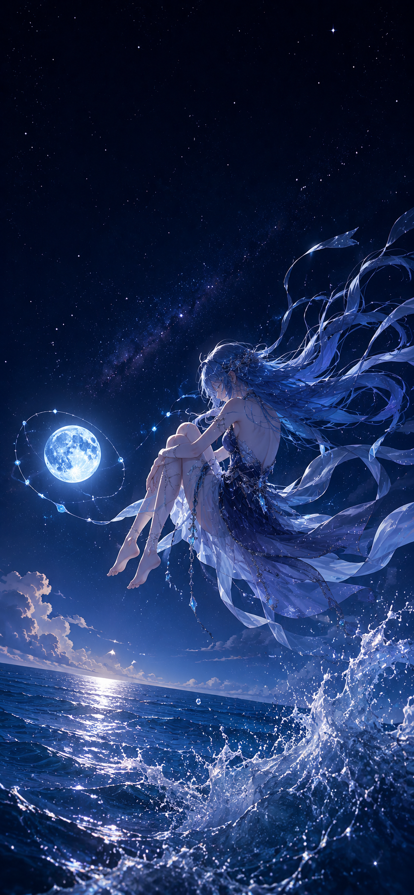 Original blue-haired fantasy figure floating above a moonlit ocean with flowing ribbons, a glowing orb, stars, and white sea spray.