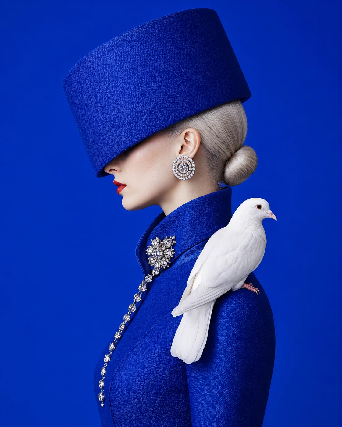 Side profile fashion portrait of a woman in royal blue styling with crystal accessories and a white dove on her shoulder.