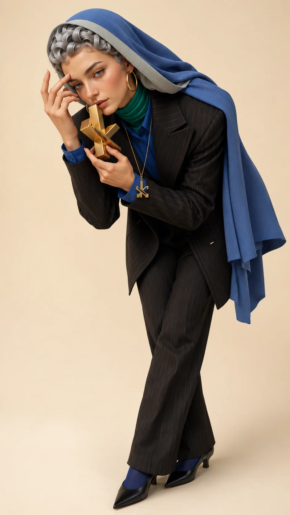 Forward-leaning stylized model in blue, green, and black tailoring with abstract gold jewelry and geometric ornament.