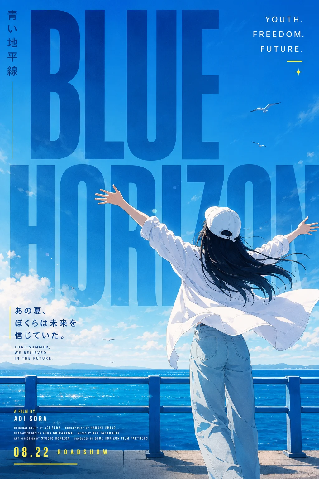 Young woman with arms raised on a seaside pier, seen from behind, with giant BLUE HORIZON letters across a bright blue sky.