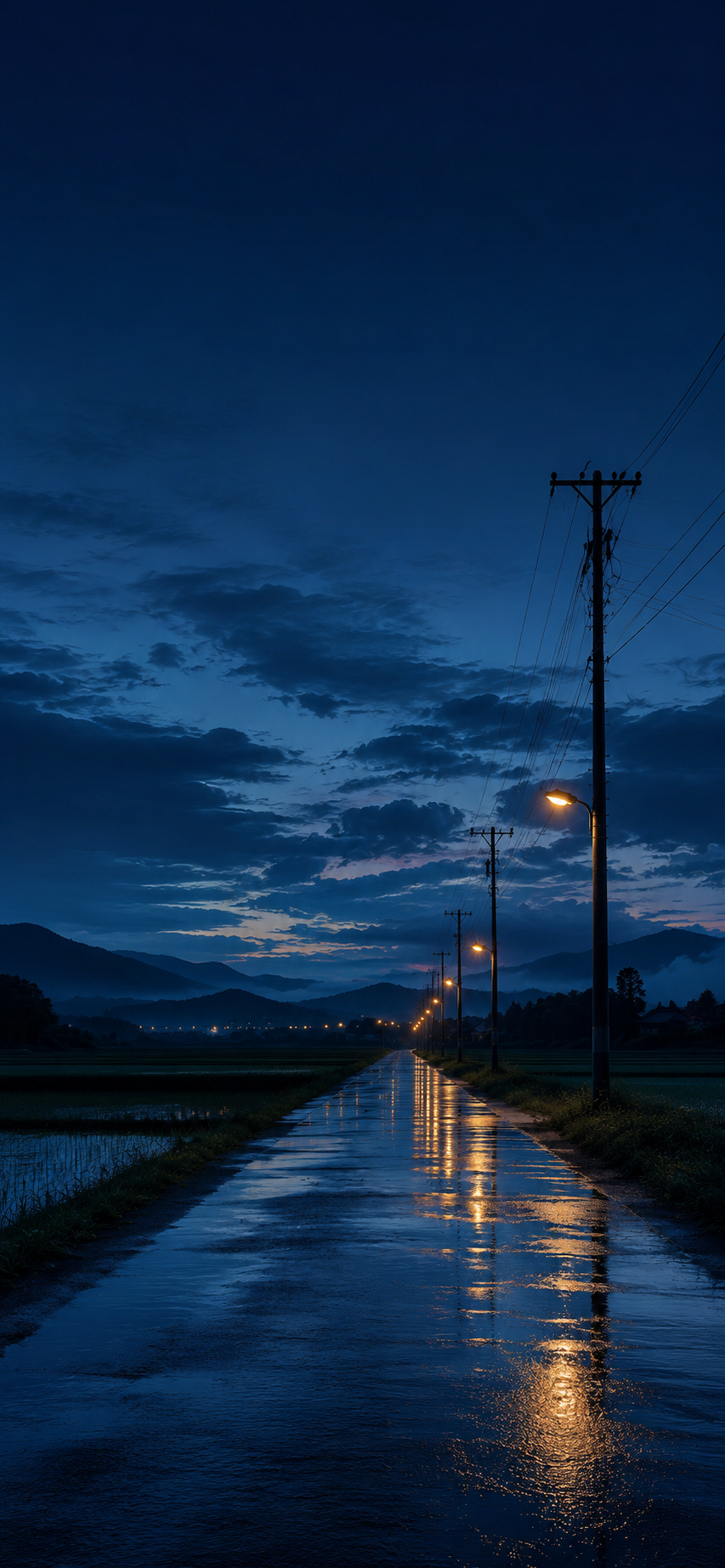 Rain-soaked countryside road with glowing reflections beneath dramatic blue evening clouds.