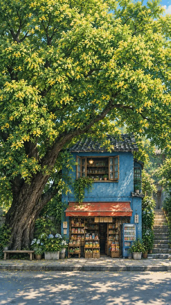 Illustrated blue neighborhood shop beneath a huge lush green tree with yellow blossoms.