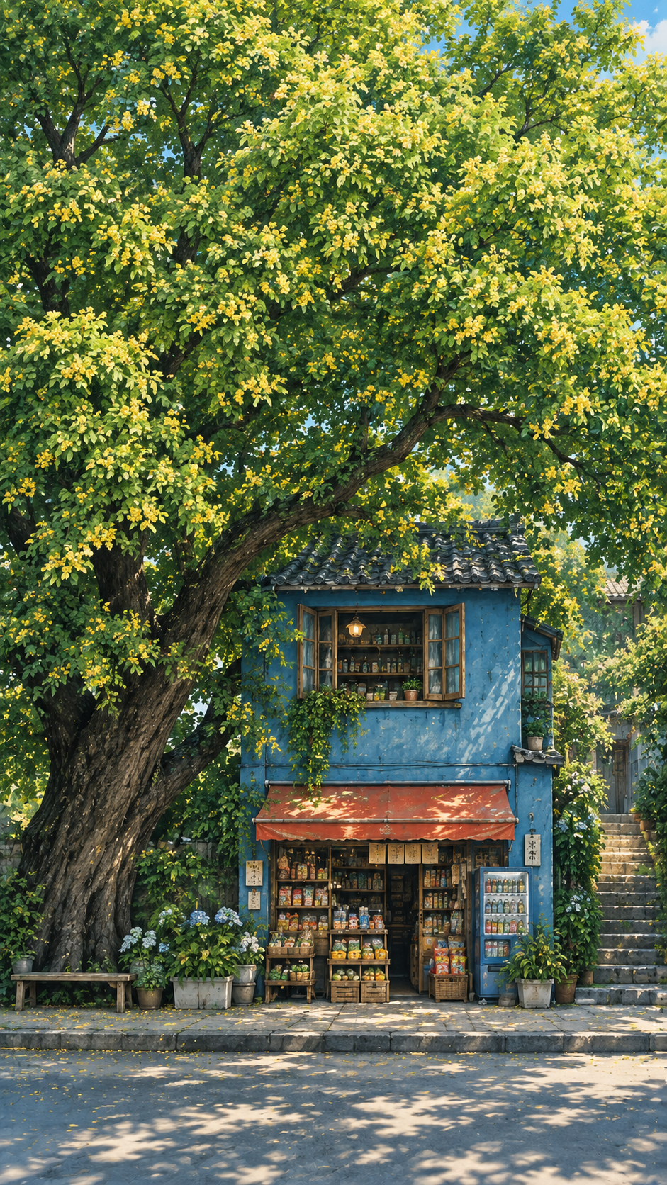 Illustrated blue neighborhood shop beneath a huge lush green tree with yellow blossoms.