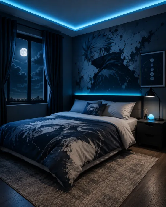 Moody blue neon bedroom interior with cyan LED ceiling lights, moonlit window, illustrated anime mural, dark headboard, and blue-gray bedding.