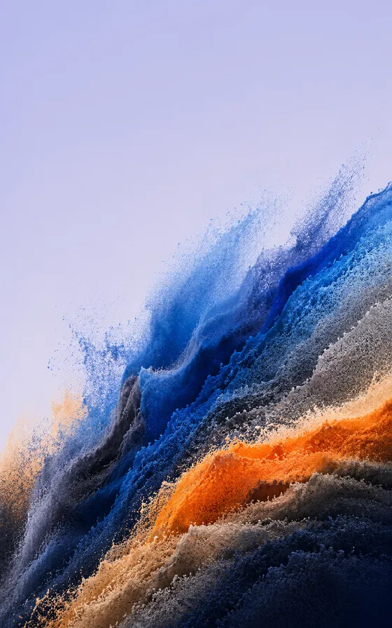 Abstract material wallpaper with deep blue particle plumes, charcoal gray and beige texture, orange accent, and pale lavender-blue background.