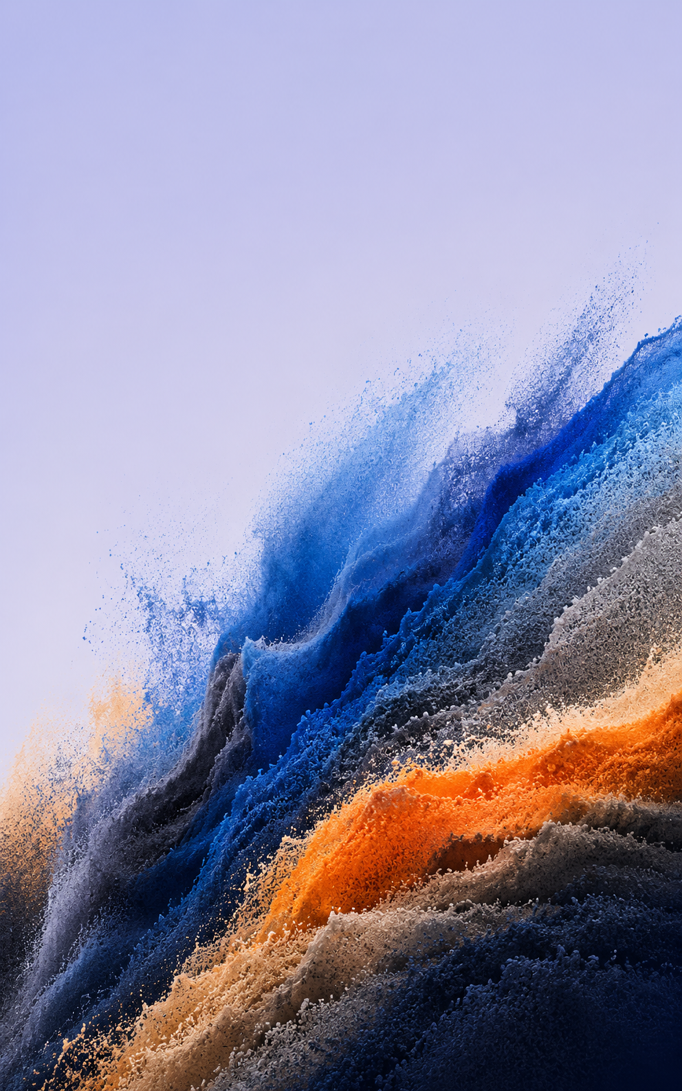 Abstract material wallpaper with deep blue particle plumes, charcoal gray and beige texture, orange accent, and pale lavender-blue background.
