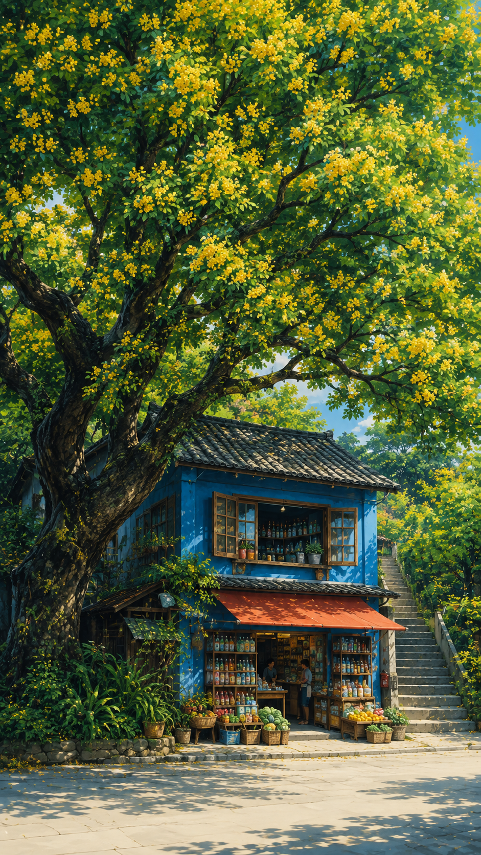 Vivid blue countryside shop beneath a huge green tree covered with small yellow blossoms in a lush illustrated setting.