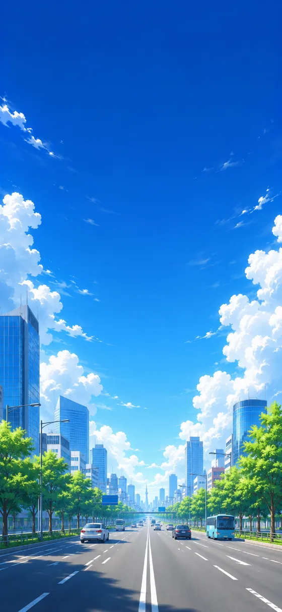 Anime-style iPhone wallpaper with a vast blue sky, white clouds, modern city towers, green trees, and traffic on a wide boulevard.
