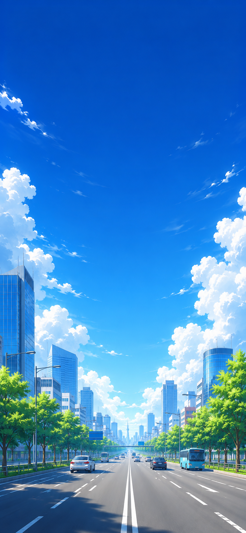Anime-style iPhone wallpaper with a vast blue sky, white clouds, modern city towers, green trees, and traffic on a wide boulevard.