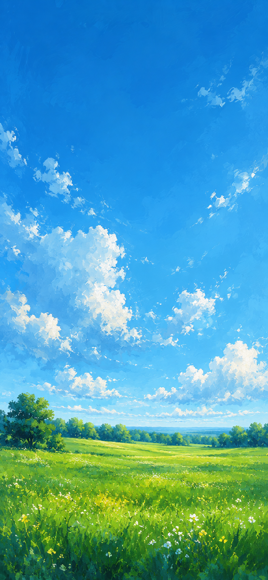 Painterly landscape of a bright blue sky with textured clouds above a vibrant green meadow.