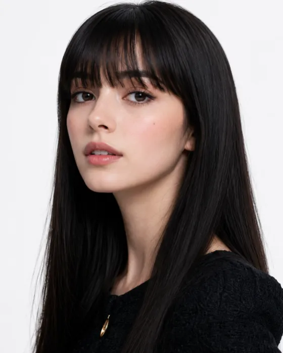 Beauty-fashion close-up with glossy black hair, straight blunt bangs, softly parted lips, precise lashes and a bright white background.