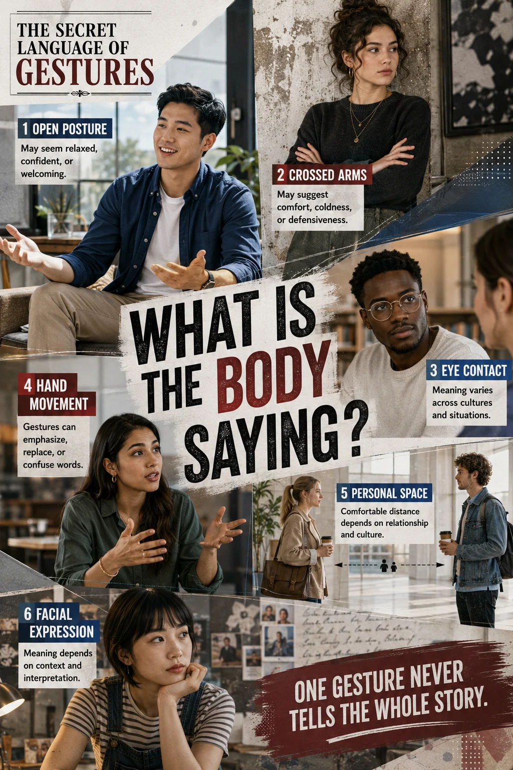 Magazine-style body-language poster with six distinct people, oversized typography, gesture captions, and a strip stating that one gesture never tells the whole story.