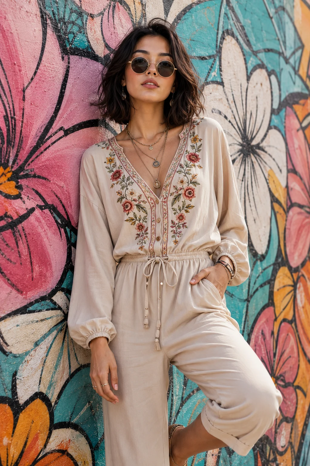 Vertical editorial fashion image of a young Asian-European woman in a beige embroidered jumpsuit posed against a colorful floral mural.