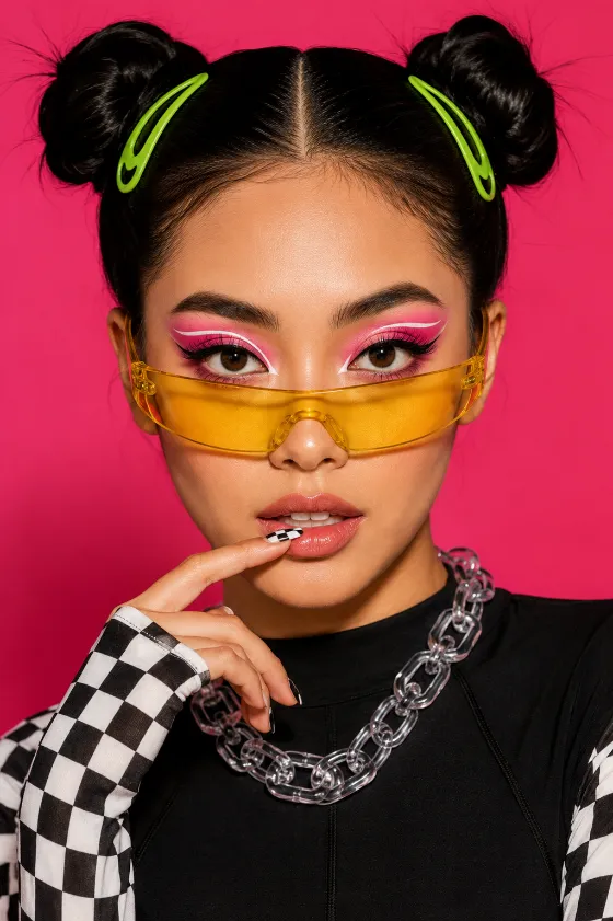 Close-up beauty editorial with graphic pink makeup, yellow sunglasses and checkerboard sleeves against a pink studio background.