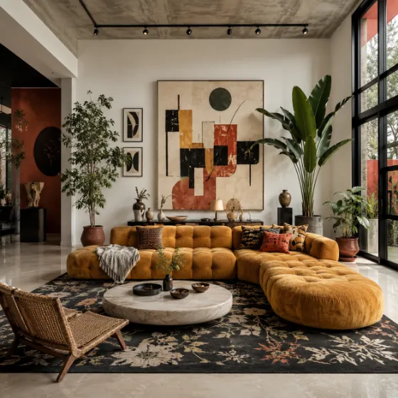 Eclectic living room with curved ochre sofa, concrete ceiling, abstract art, and many plants.