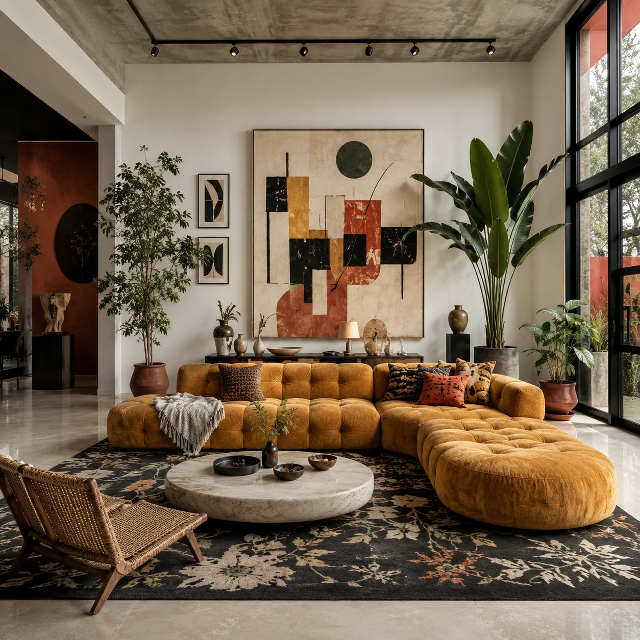 Eclectic living room with curved ochre sofa, concrete ceiling, abstract art, and many plants.