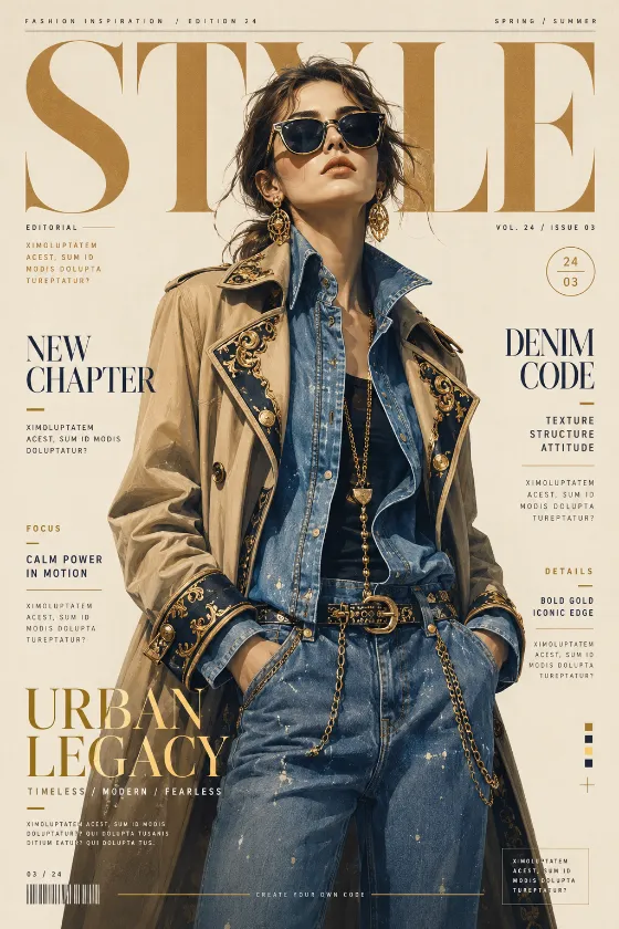 Vertical editorial fashion poster with centered hero figure, bold masthead, clean cover lines, warm neutrals, denim blue, black, and gold accents.