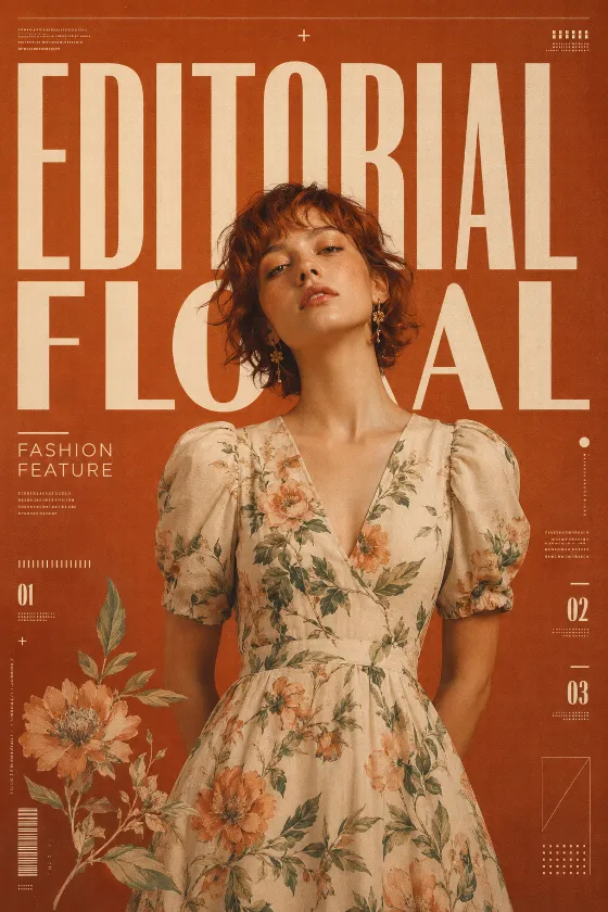 Vertical editorial fashion poster with floral dress motif, warm orange palette, bold headline typography, and clean magazine-style composition.
