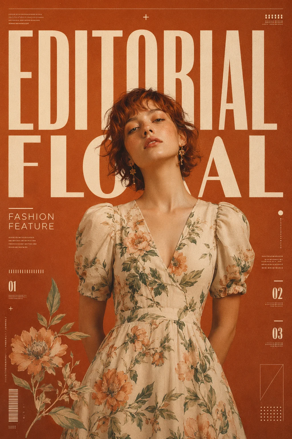 Vertical editorial fashion poster with floral dress motif, warm orange palette, bold headline typography, and clean magazine-style composition.