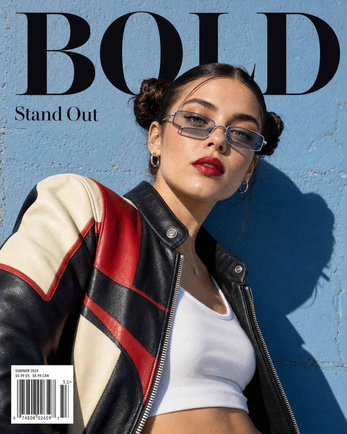 Close diagonal fashion portrait with a color-block leather jacket, narrow metallic glasses, bold typography, and a powder-blue wall.