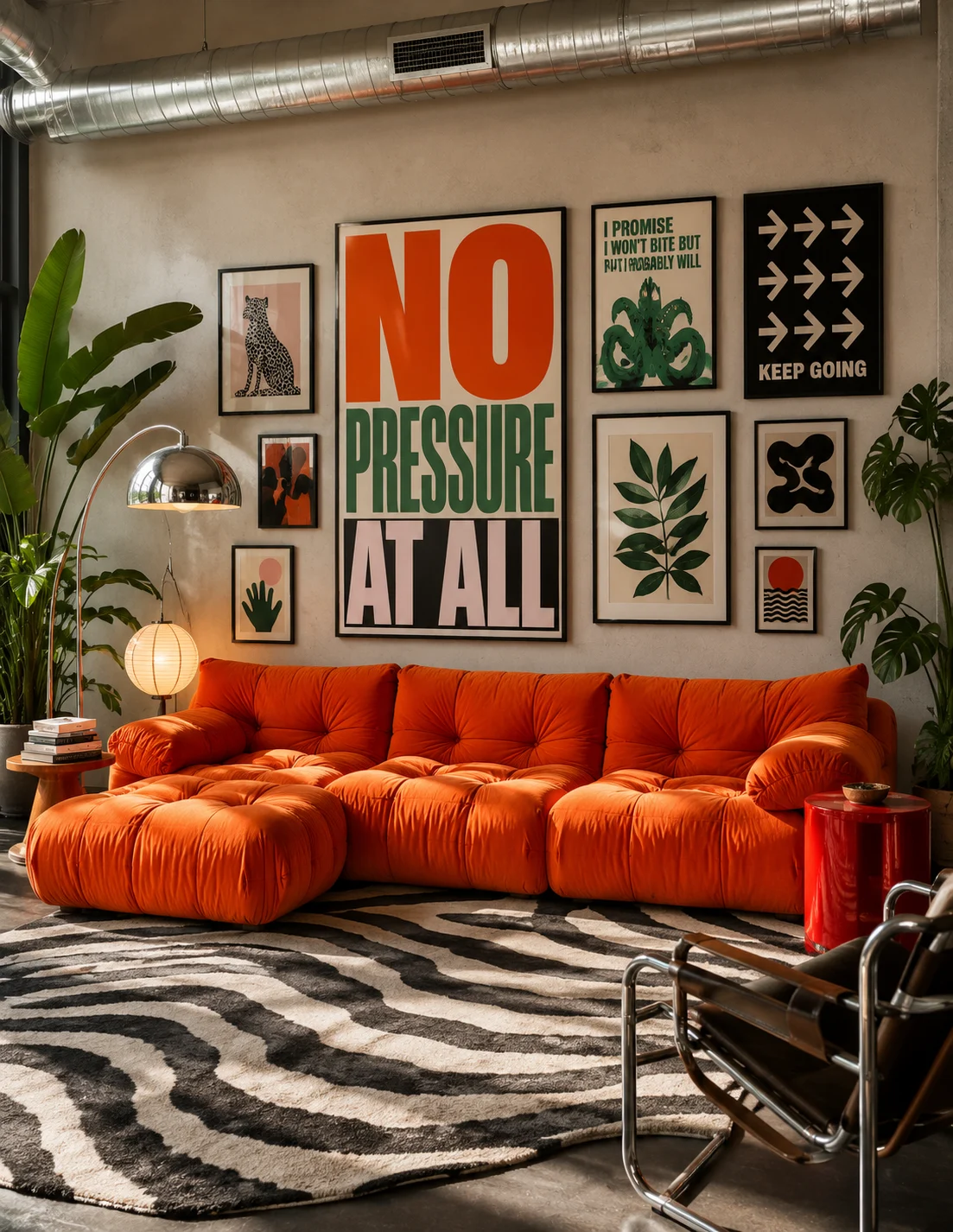 Burnt-orange sectional in a contemporary loft living room with graphic posters, zebra rug, and tropical plants.