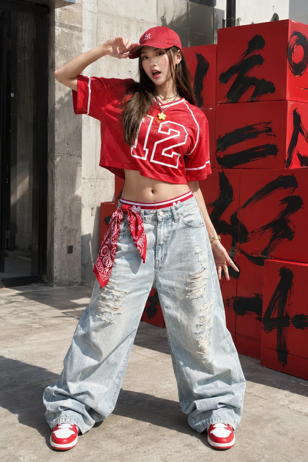 Full-body street-fashion portrait of a woman in a red sports jersey, oversized ripped denim, red cap, bandana, and matching red-and-white sneakers.