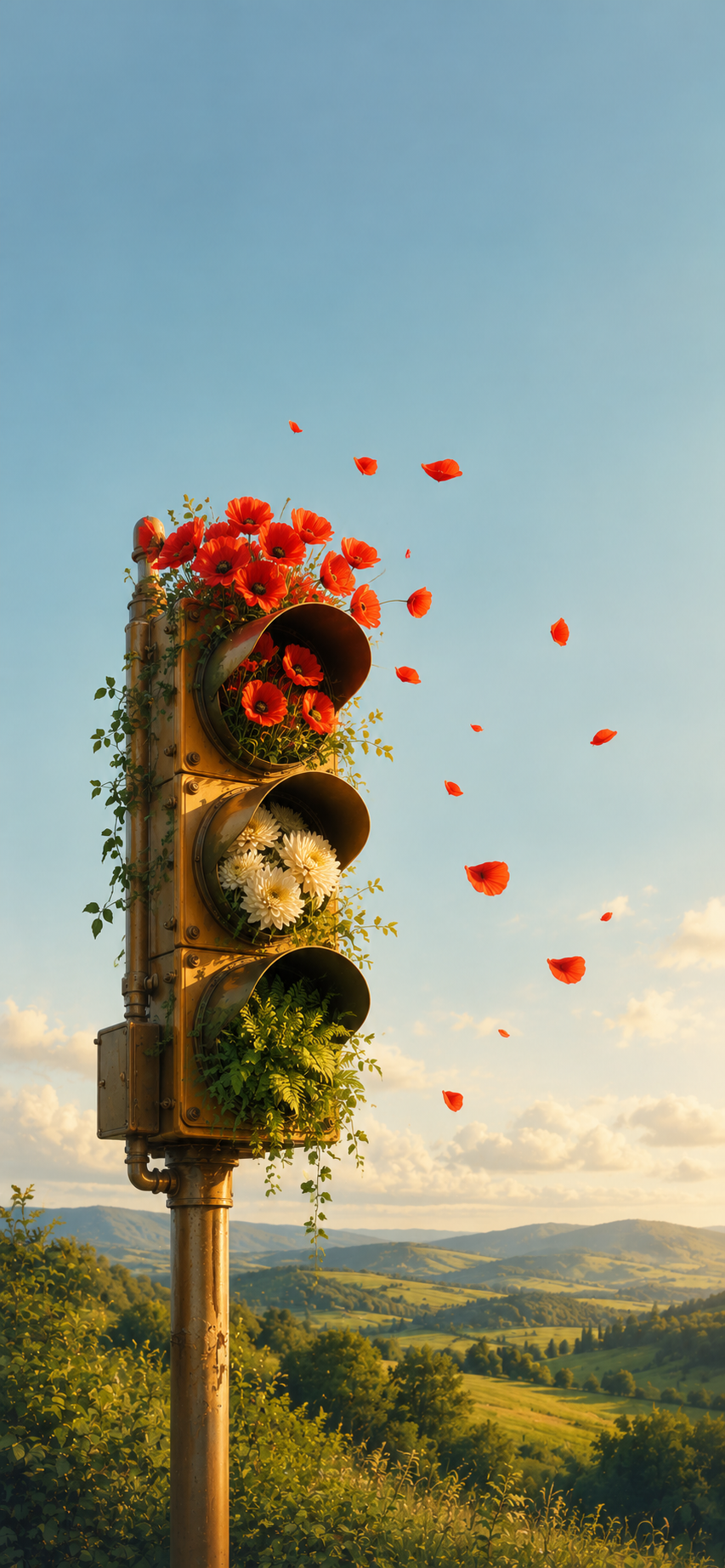 A golden traffic light filled with colorful flowers overlooking rolling green hills beneath a blue sky.