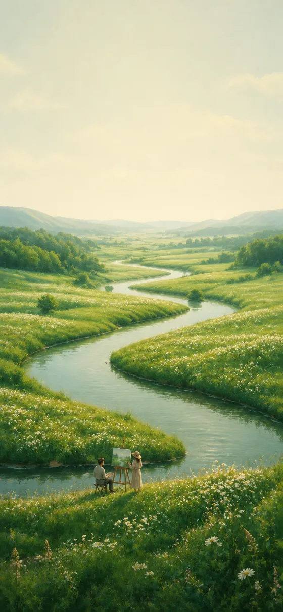 Painterly green meadow with a winding river, white wildflowers, and two tiny artists beside the water.