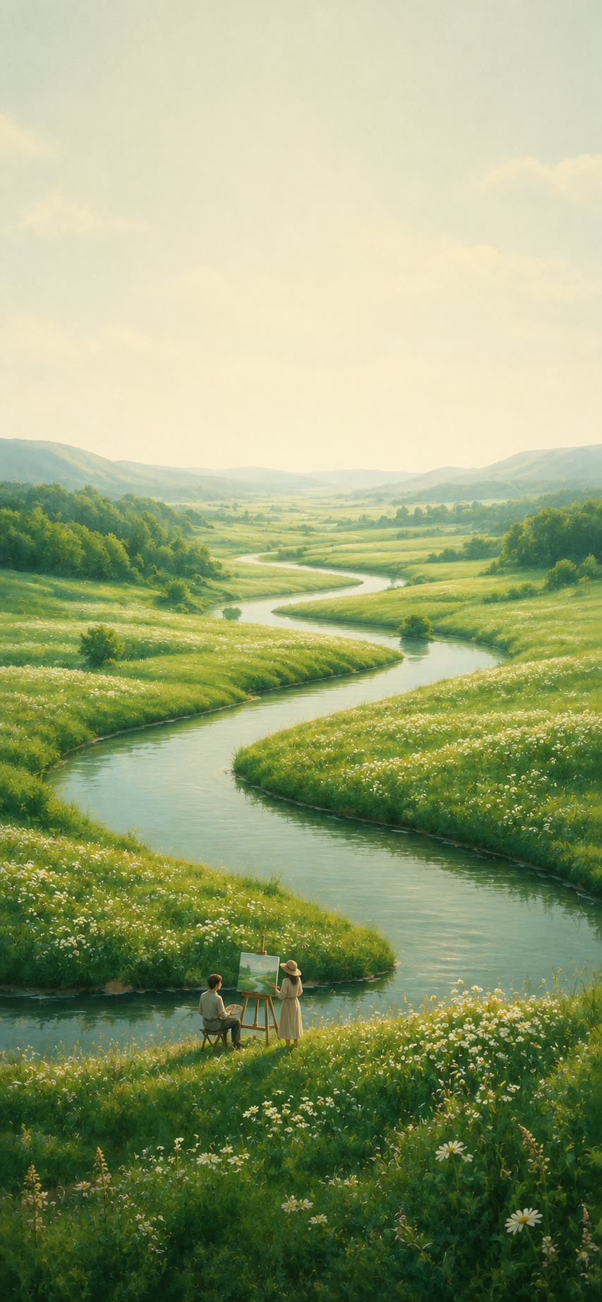 Painterly green meadow with a winding river, white wildflowers, and two tiny artists beside the water.