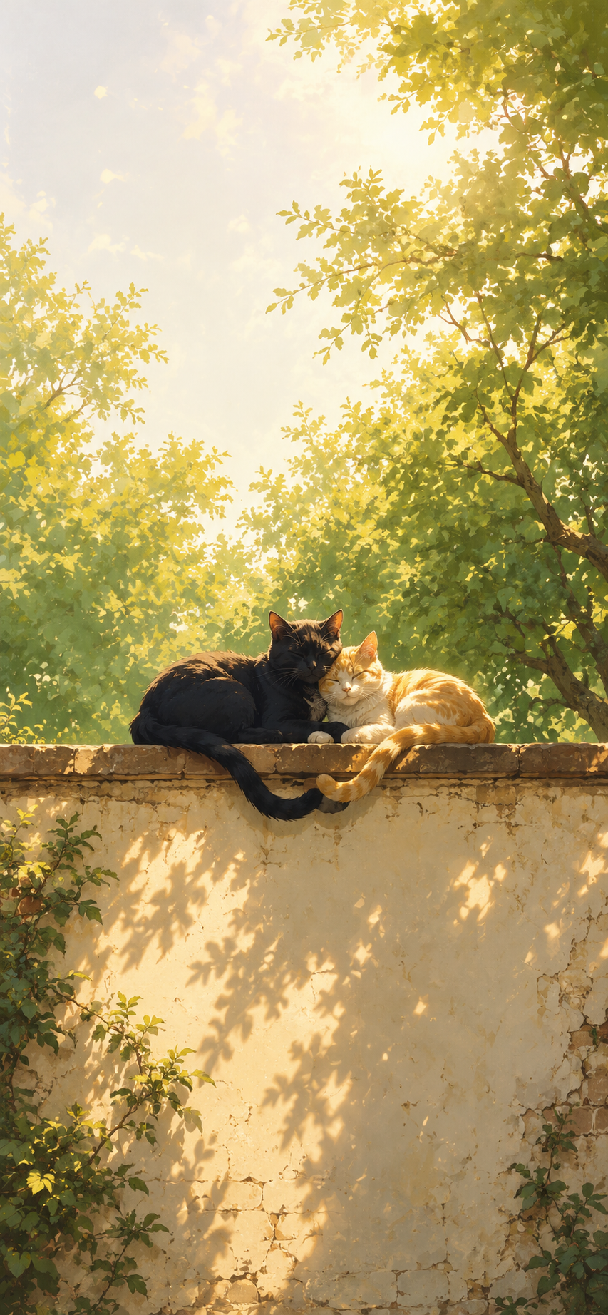 Two cats cuddling on a garden wall beneath leafy trees with warm sunlight.