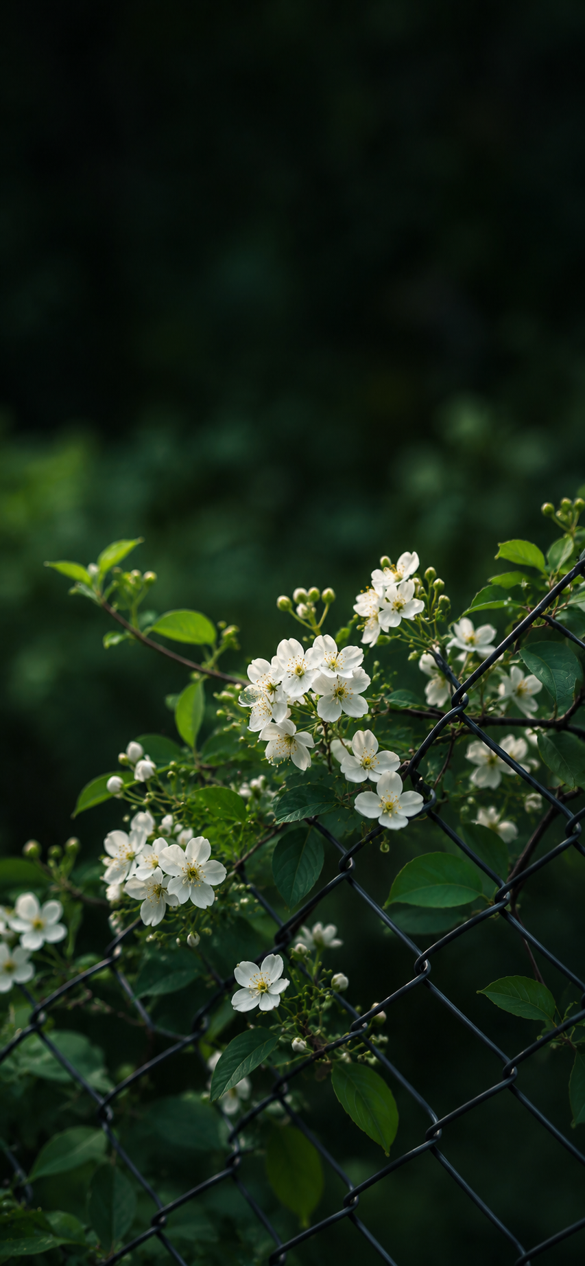 White blossoms blooming through a dark chain-link fence surrounded by lush green foliage with soft natural light.