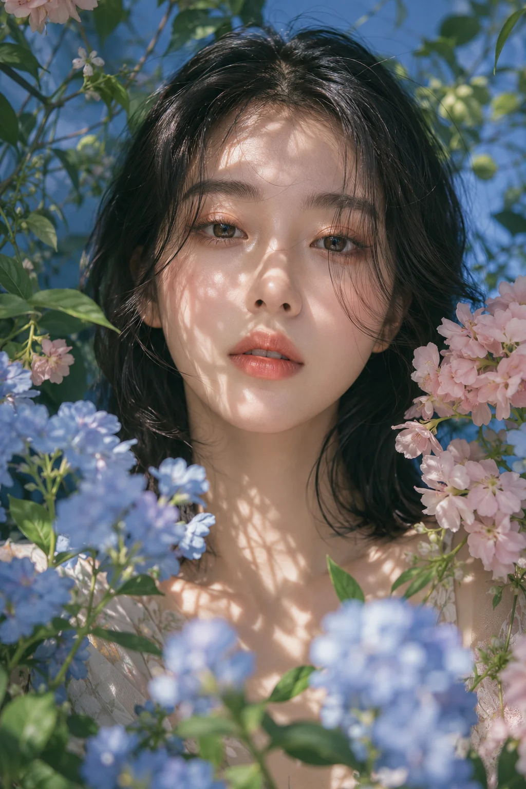 Close editorial portrait surrounded by pastel flowers with leaf-filtered sunlight across the face.