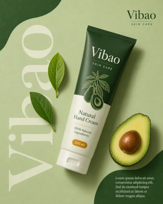 Green botanical skincare poster with one hand-cream tube, avocado, leaves, and bold oversized background lettering.