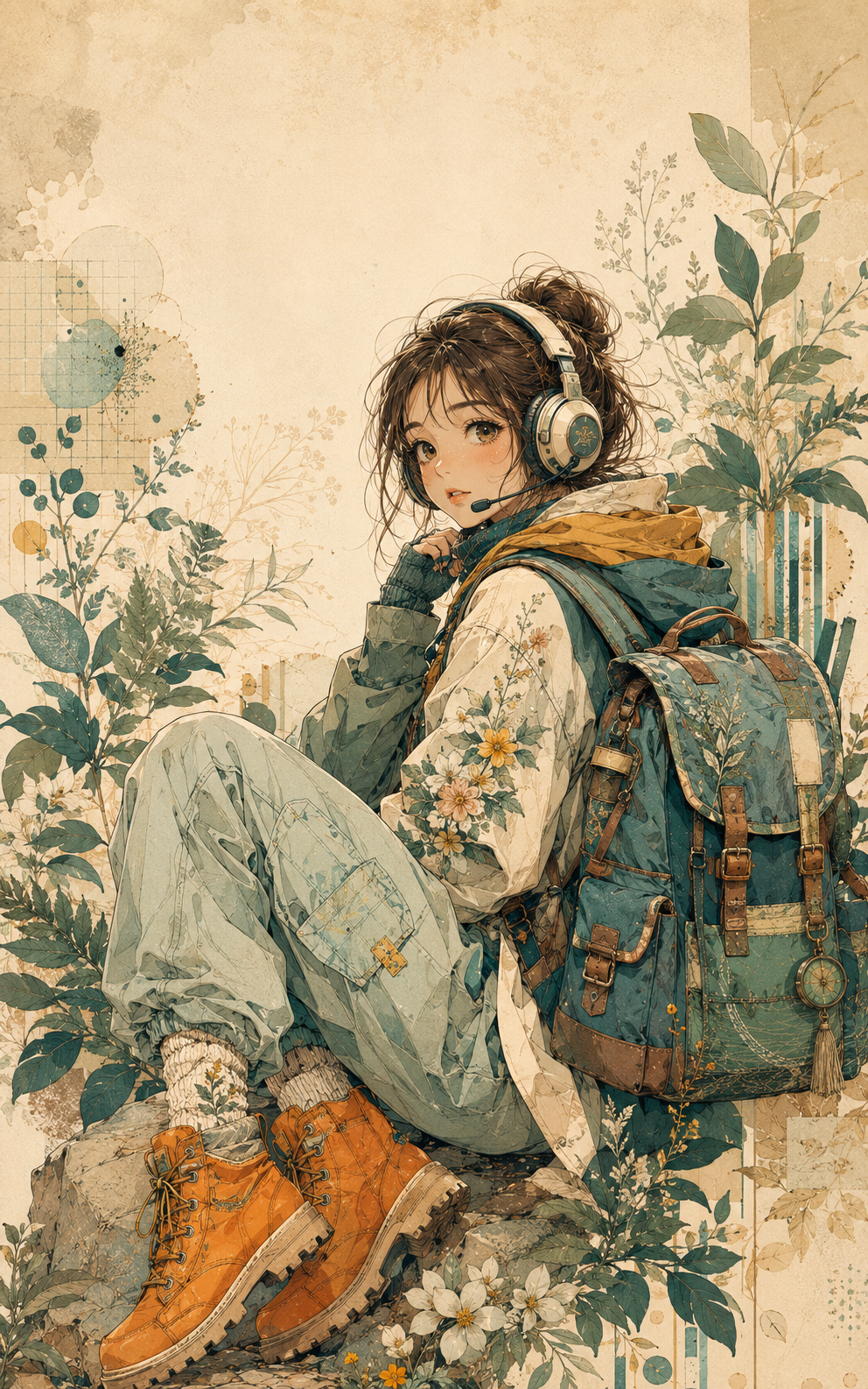 Anime-style botanical character wallpaper with a young woman wearing headphones, a teal backpack, orange boots, and green leaves.