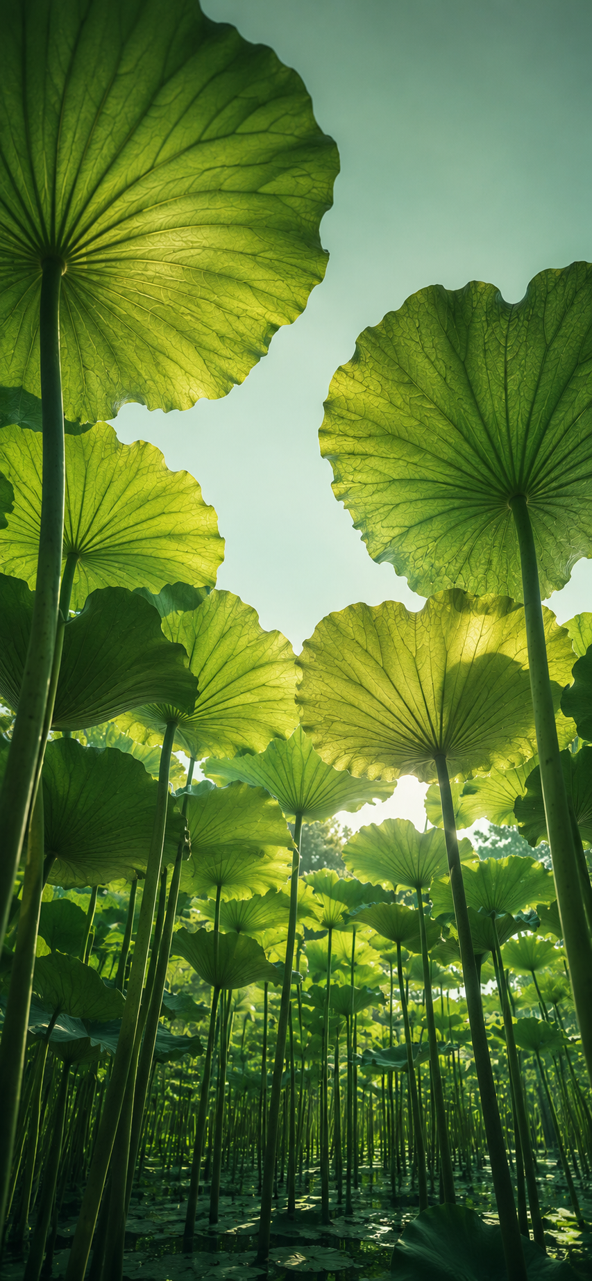 Looking upward through a lush canopy of translucent lotus leaves with sunlight filtering through the foliage.