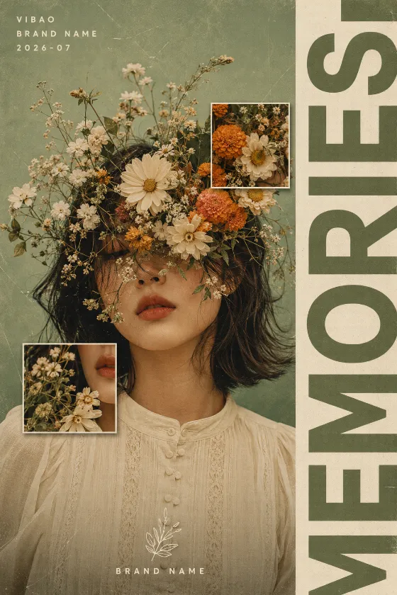 Vertical sage botanical poster showing a floral portrait, inset close-ups, cream clothing, and oversized olive typography.