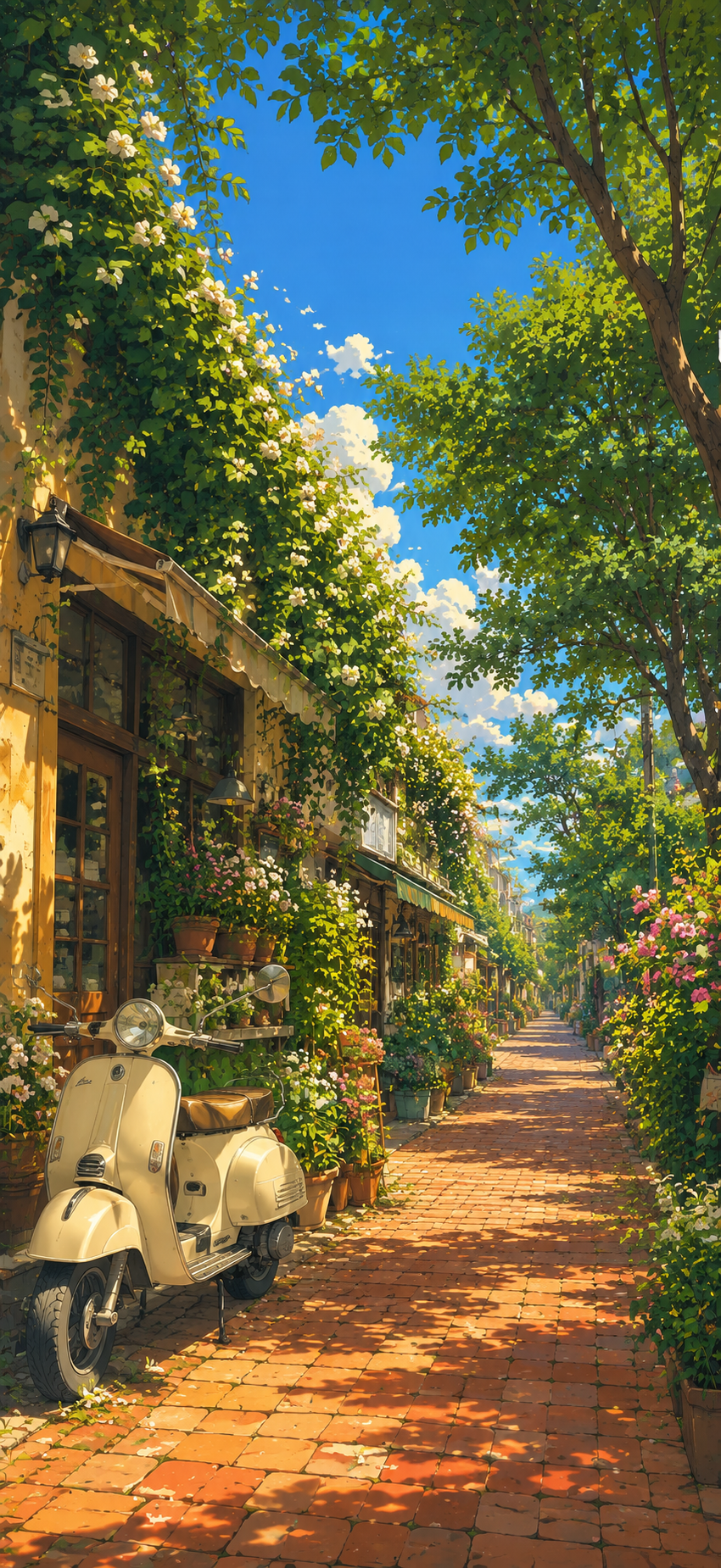 Lush illustrated urban lane with green trees, flowering plants, a cream vintage scooter, storefront, terracotta brick walkway, and clear blue sky.