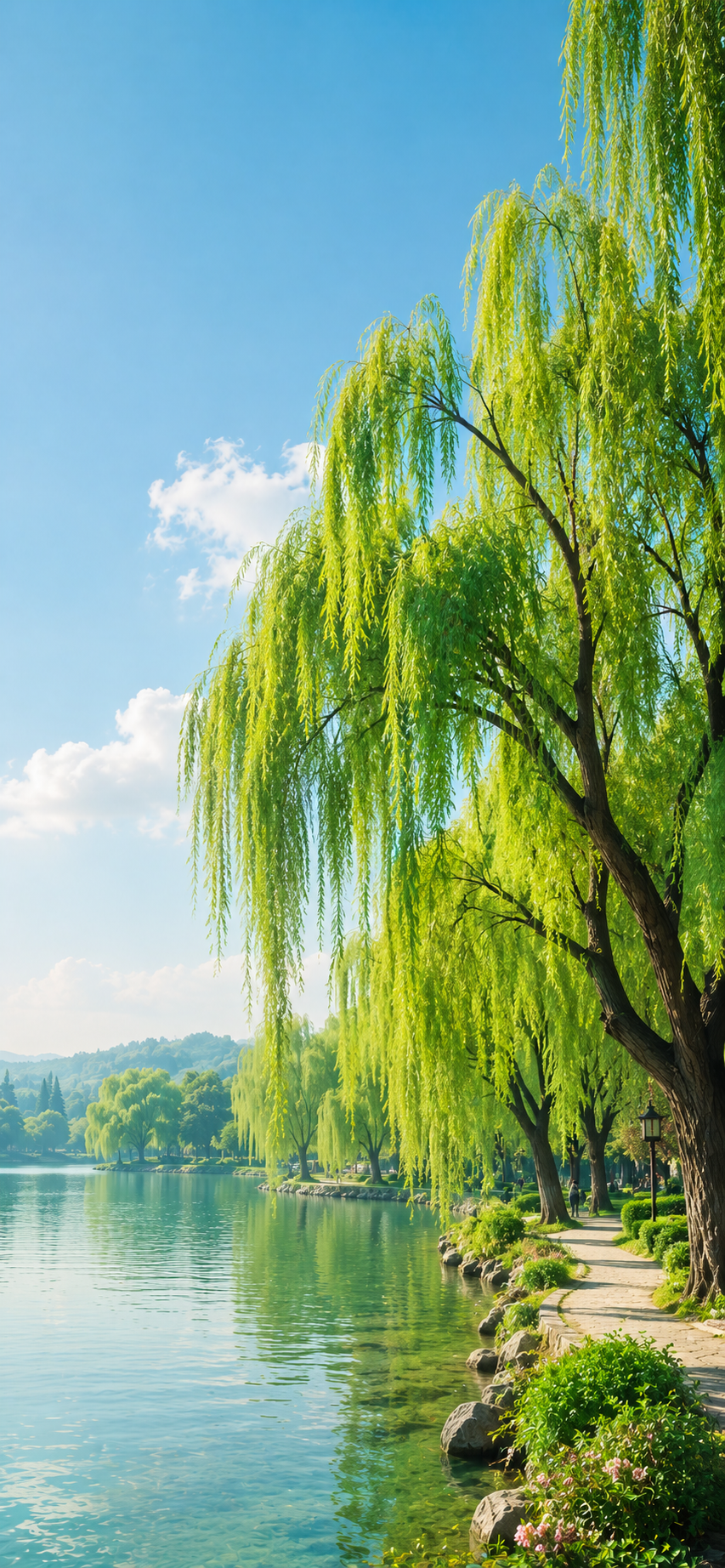 Tall willow trees beside a calm turquoise lake with peaceful walking paths and soft summer light.