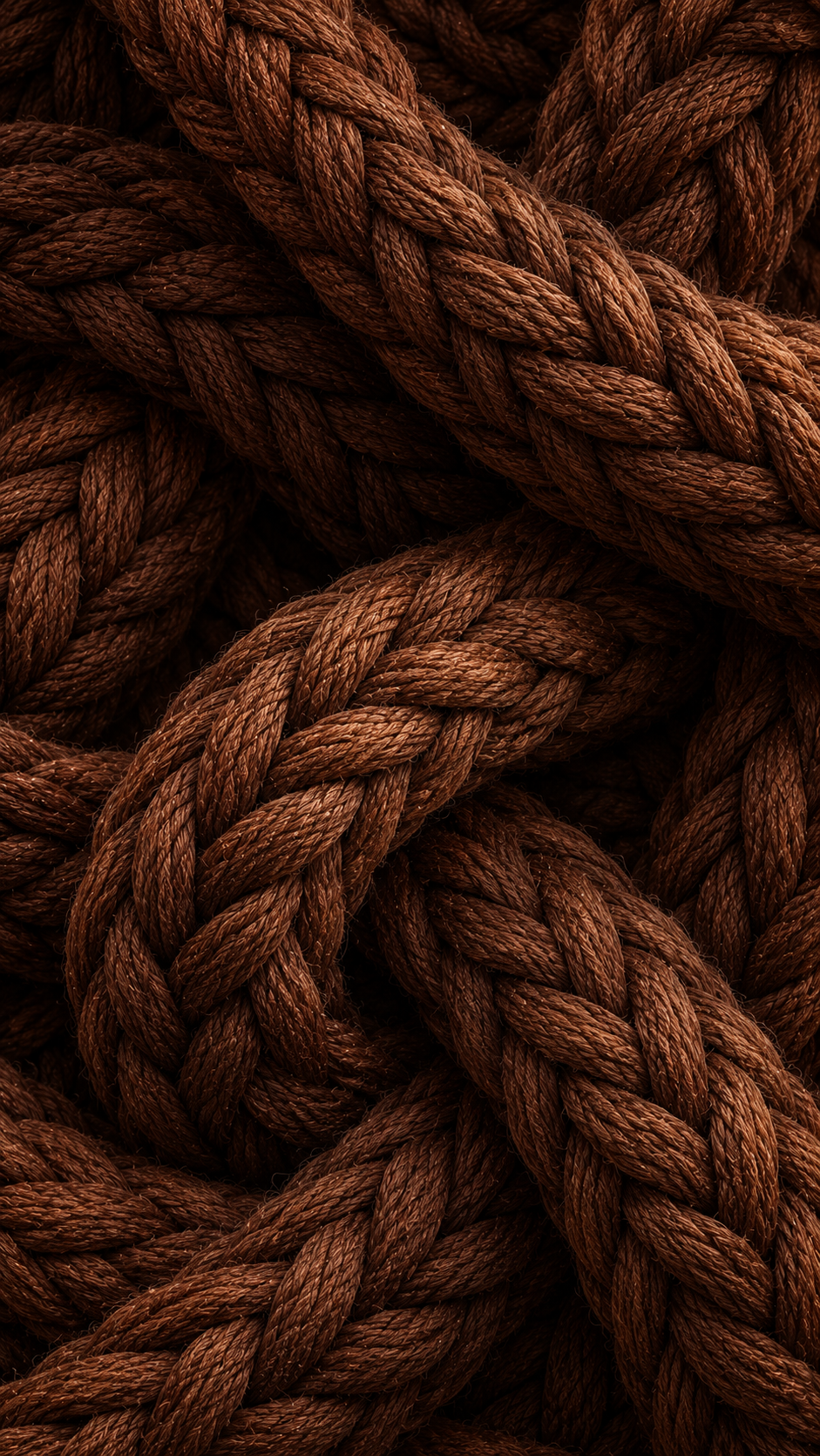 Close-up braided brown rope arranged in layered interlocking loops across a vertical phone wallpaper.