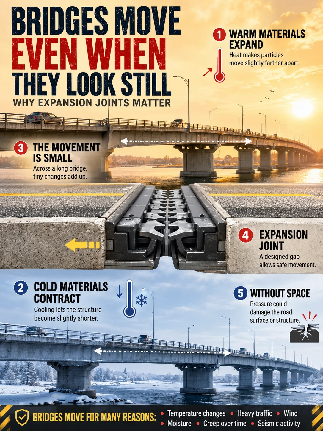 Seasonal bridge comparison in amber summer light and blue winter light, with a large expansion joint close-up and five educational labels.