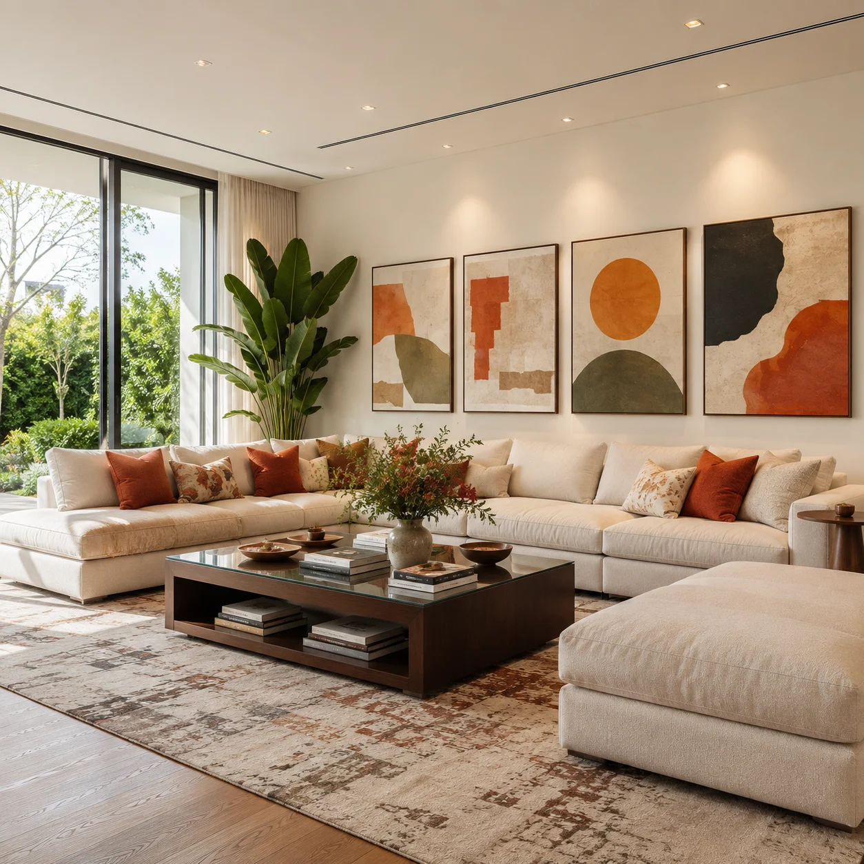 Bright contemporary living room with cream sectional sofa, abstract gallery wall, large windows, tropical plant, coffee table, and patterned rug.