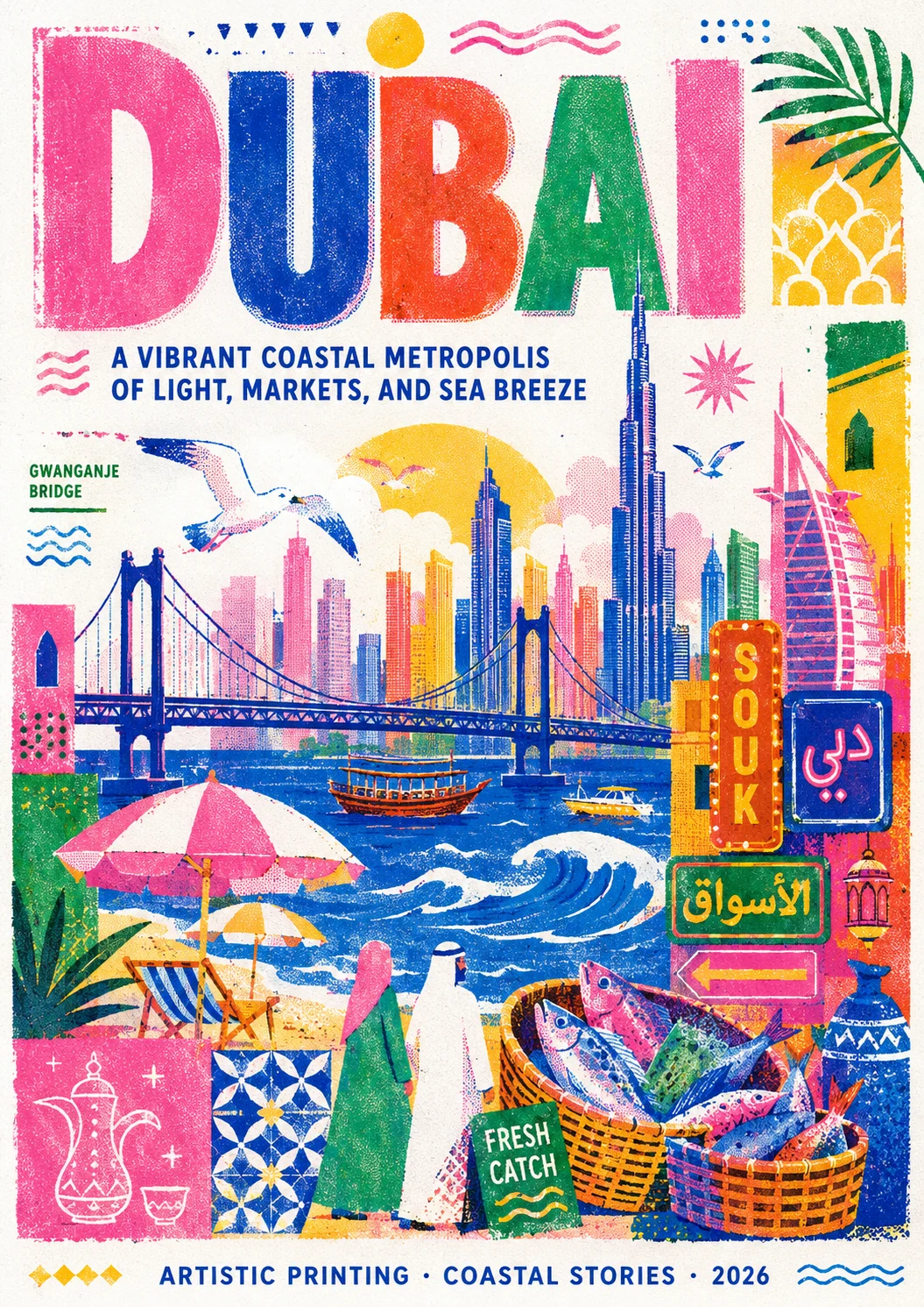 Bold Dubai risograph poster featuring layered coastal city motifs, bright translucent inks, geometric shapes, and strong editorial typography on white paper.